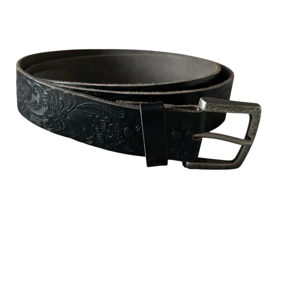 Mens Black Embossed Genuine Leather Embossed Western Inspired Belt Silver Buckle